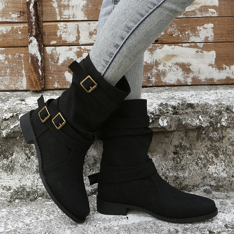 Low Heel Vintage Buckle Boots