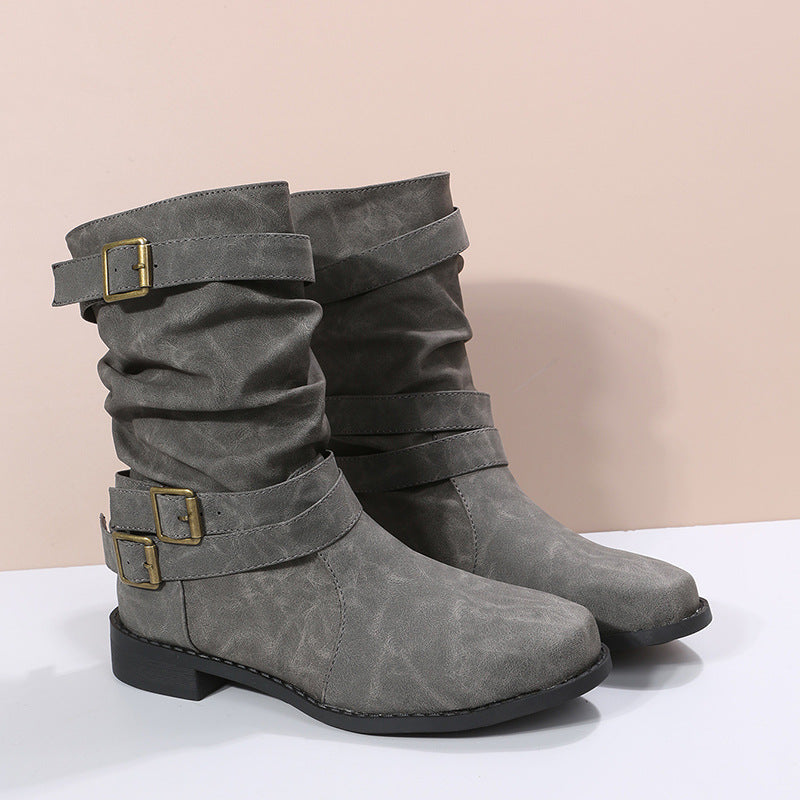 Low Heel Vintage Buckle Boots