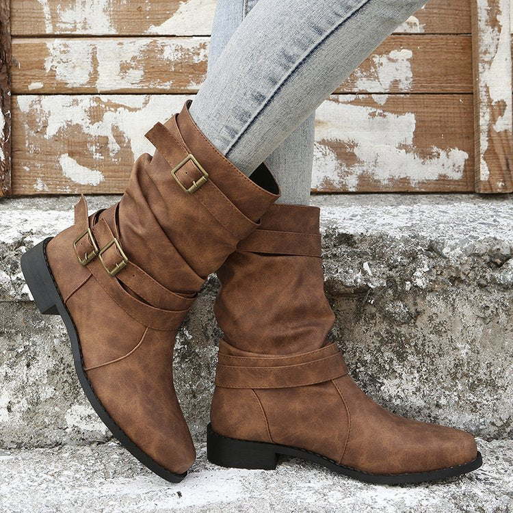 Low Heel Vintage Buckle Boots