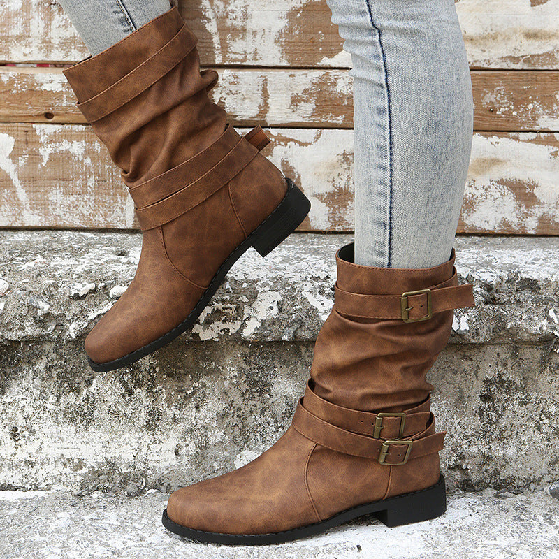 Low Heel Vintage Buckle Boots